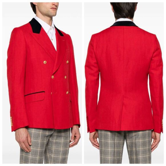 Gucci Herringbone Jacket 48 US 38 Red Wool Linen Double Breast Blazer NWT $3,600 - Picture 3 of 16